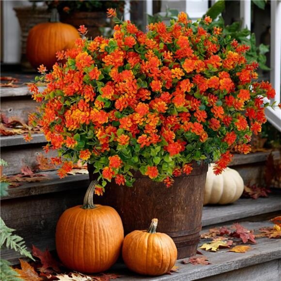 Artificial Fall Flowers Outdoor Fake Mums - 12 Bundles Fake Plants UV Resistant - Picture 1 of 7